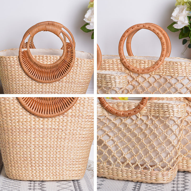 Amazon sale rattan ins handmade high-value photo artifact straw moon handmade bag