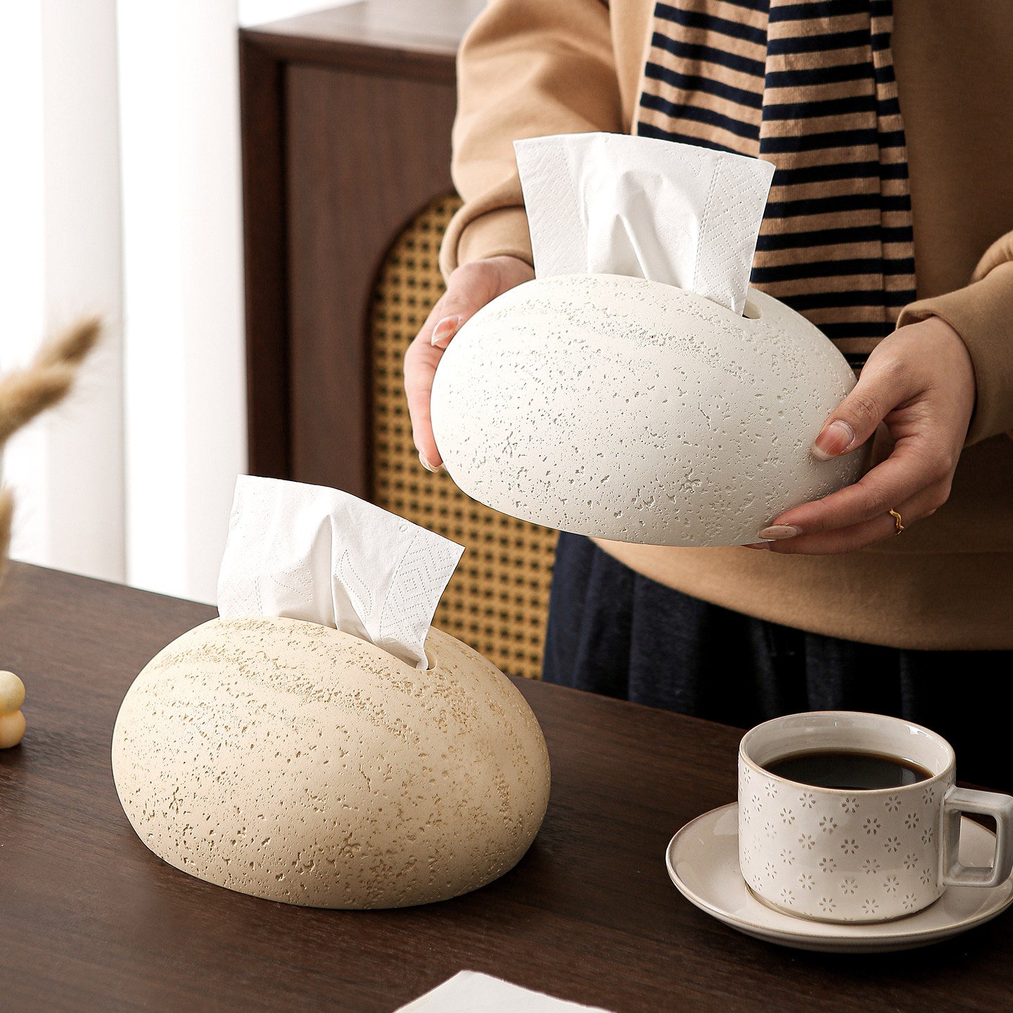 Tissue box, high-end creative desktop, travertine, paper drawer box, storage box, artistic living room, wabi-sabi style drawer box