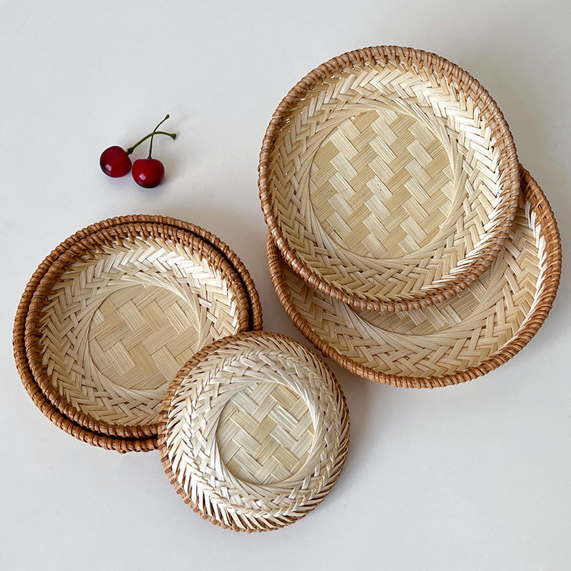 Wholesale Handmade Bamboo Rattan Round Refreshments, Fruits, Dried Fruits, Snacks, Dim Sum, Bamboo Storage Basket, Chinese Style Zen Pastry Plate