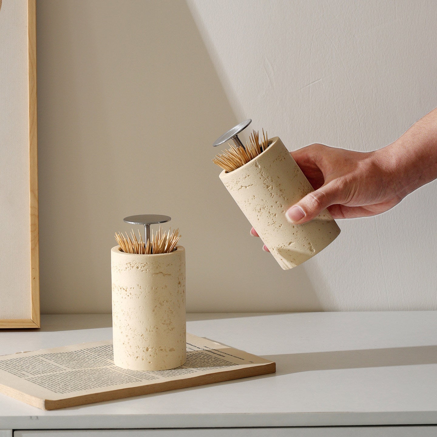 Travertine toothpick holder press toothpick box automatically pops up household high-end personality creative exquisite light luxury toothpick jar