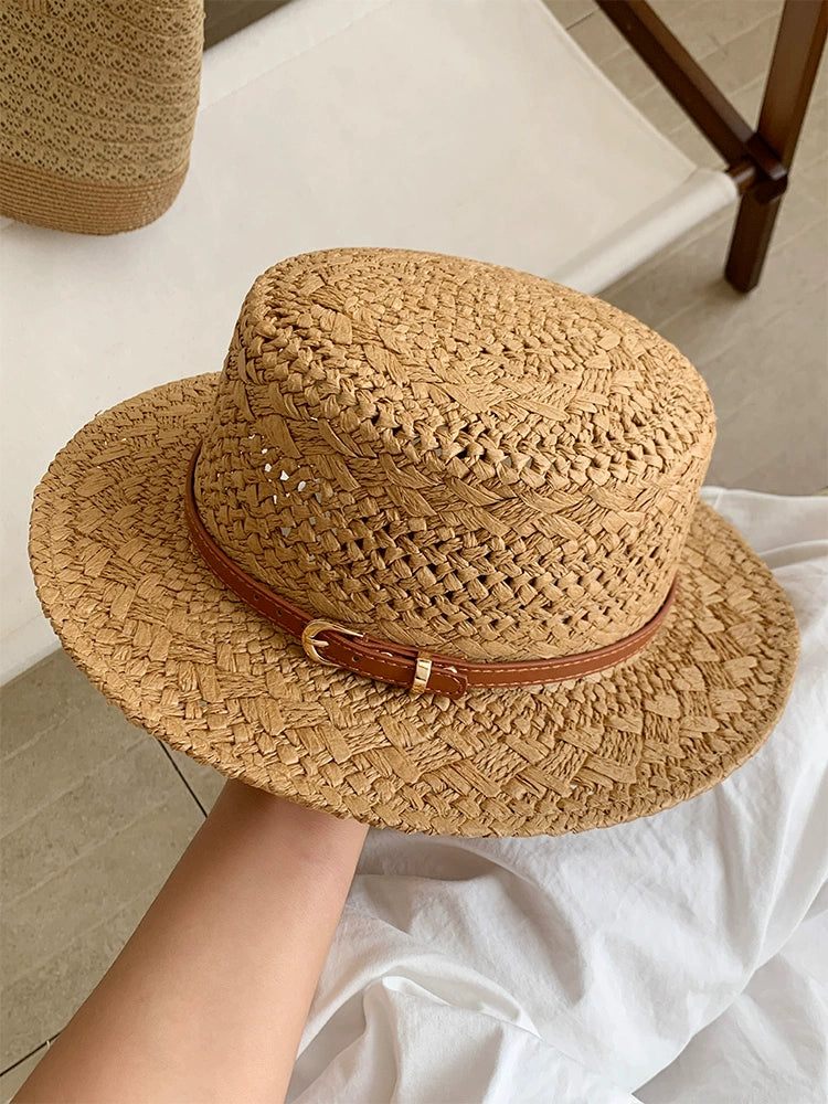 British style retro flat straw hat women's summer cut-out sunscreen hat seaside vacation style straw knitted sun hat