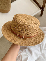 British style retro flat straw hat women's summer cut-out sunscreen hat seaside vacation style straw knitted sun hat