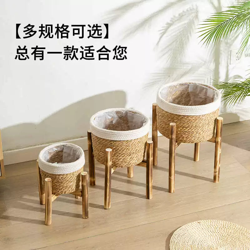 Home Accessories, Wooden Base Flower Basket, Flower Pot Set, Hand-Woven Balcony Basket, Straw Basket, Floor Standing Flower Pot Shelf