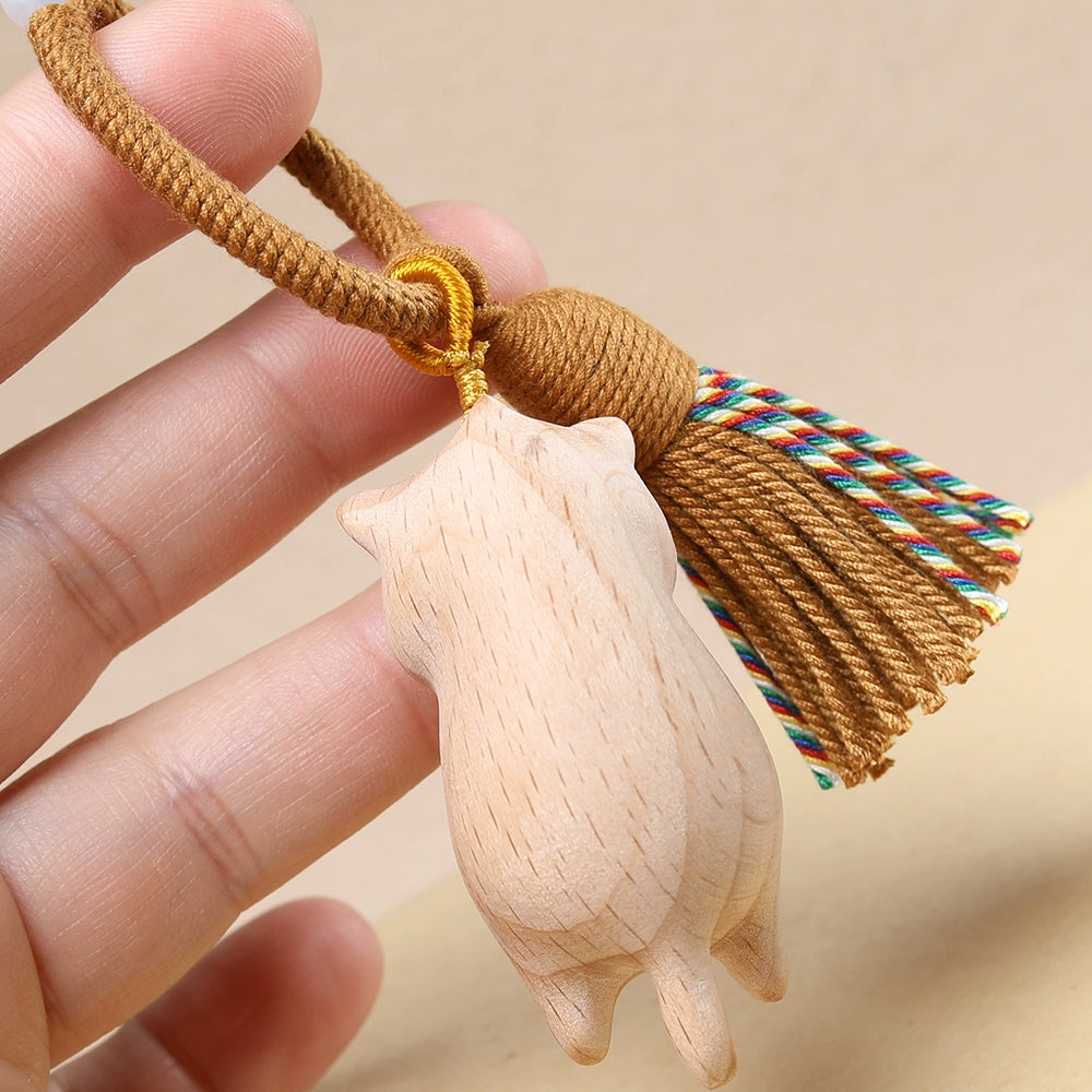 Natural solid wood, beech wood, blessing cat keychain pendant, wood carving, cat stationery accessories, handmade DIY pendant jewelry