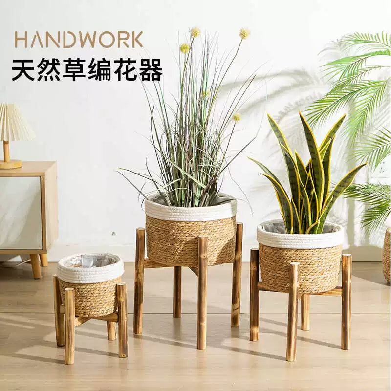 Home Accessories, Wooden Base Flower Basket, Flower Pot Set, Hand-Woven Balcony Basket, Straw Basket, Floor Standing Flower Pot Shelf