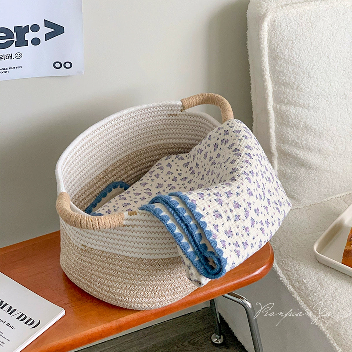 Nordic style cotton rope woven basket large capacity household storage snack toy utility basket for living room