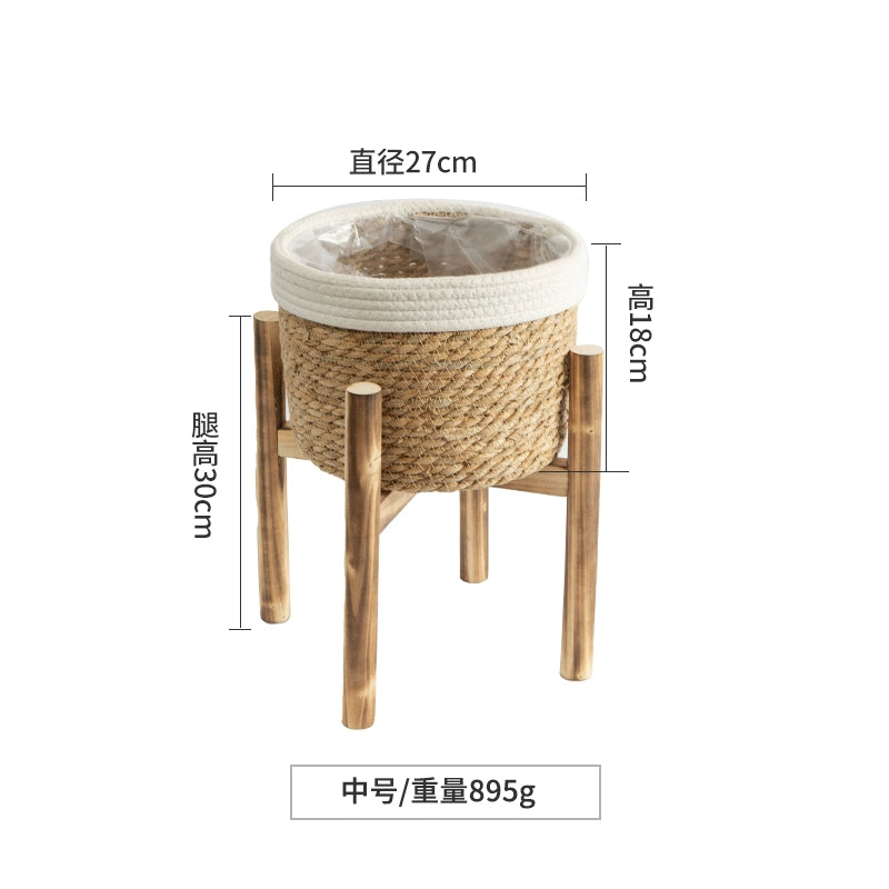 Home Accessories, Wooden Base Flower Basket, Flower Pot Set, Hand-Woven Balcony Basket, Straw Basket, Floor Standing Flower Pot Shelf