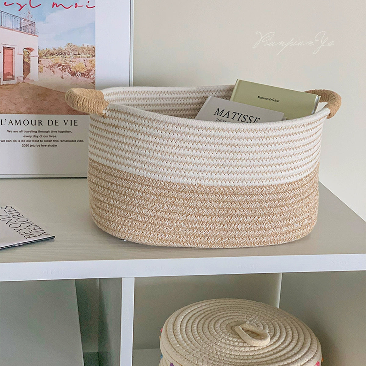 Nordic style cotton rope woven basket large capacity household storage snack toy utility basket for living room