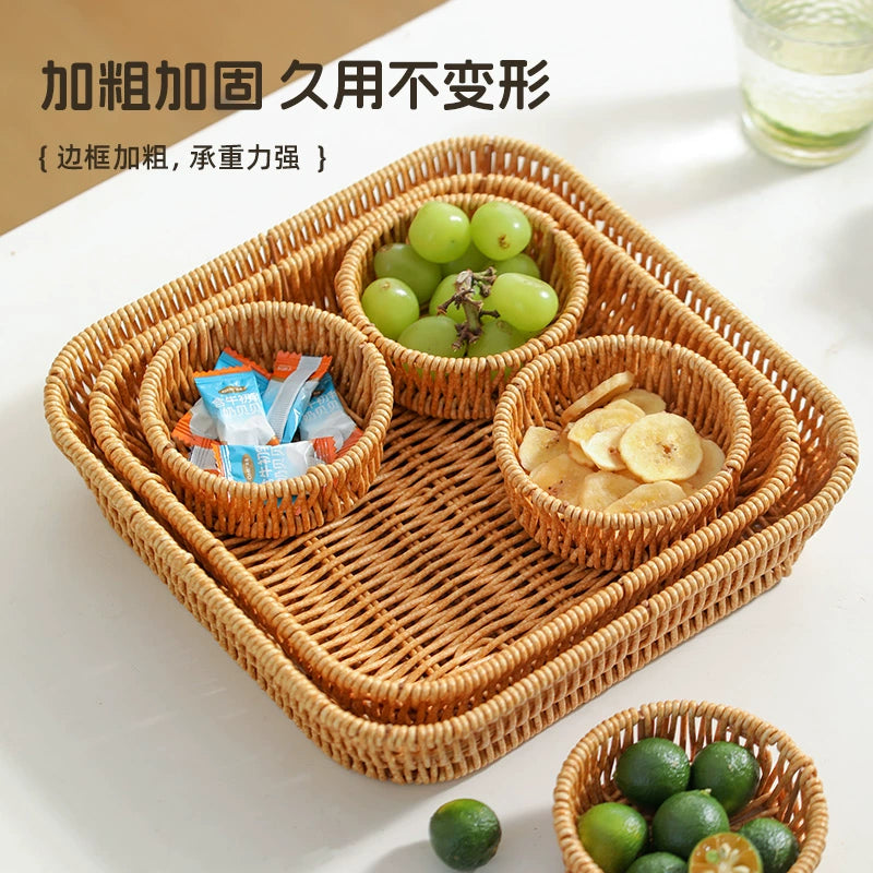 Snacks are placed in fruit bowls, afternoon tea in the home living room, snack trays, rattan weaving grids, fruit baskets, dried fruit plates