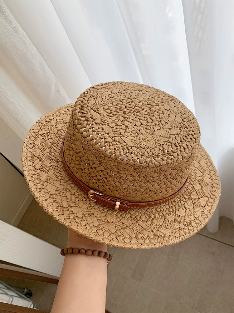 British style retro flat straw hat women's summer cut-out sunscreen hat seaside vacation style straw knitted sun hat