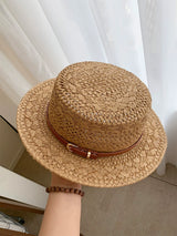 British style retro flat straw hat women's summer cut-out sunscreen hat seaside vacation style straw knitted sun hat