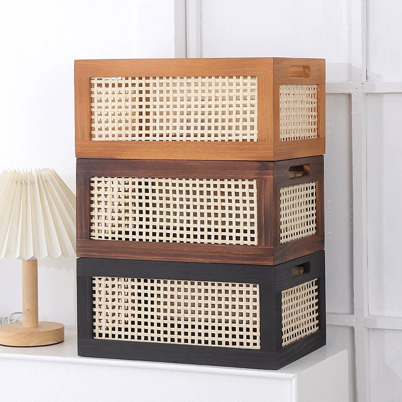 Vintage rattan storage basket desktop solid wood collection box home bedroom snack box toy uncovered wooden storage box